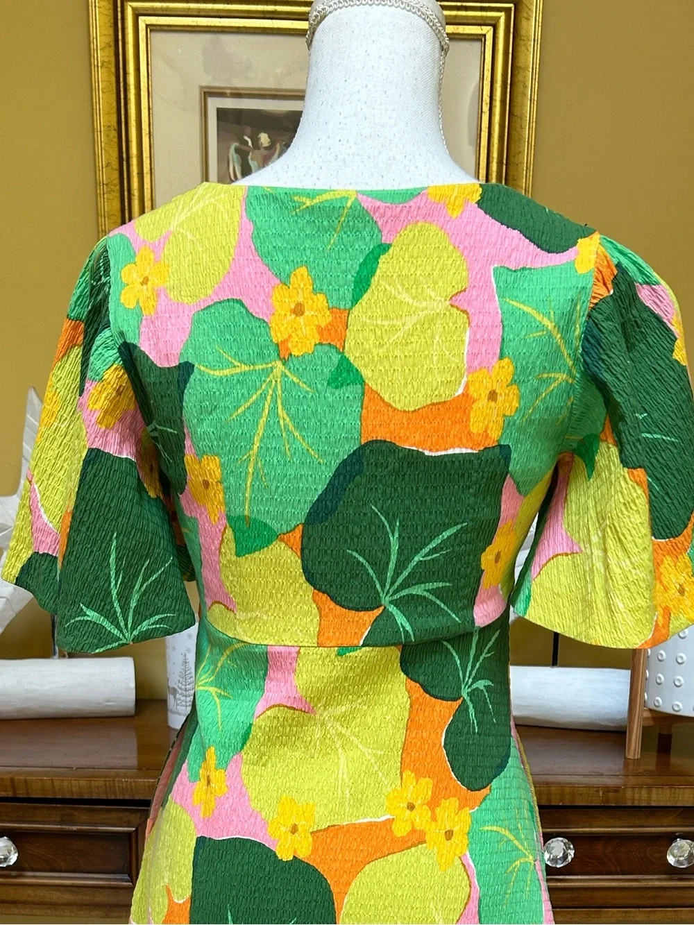 Kate Spade New York Cucumber Floral Pink Green V Neck Flutter Sleeve Mini Dress